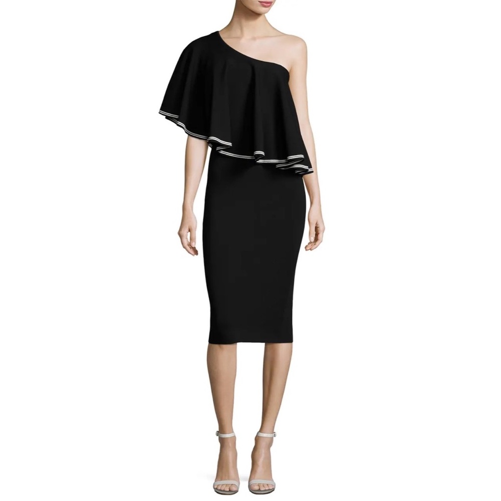 NWT Diane von Furstenberg Black/White One-Shoulder Ruffle Front Knit Midi Dress